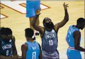  ?? MARK MULLIGAN — HOUSTON CHRONICLE ?? Brooklyn Nets guard James Harden prepares to start prior to the first half against the Houston Rockets on Wednesday.