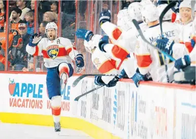  ?? BRUCE BENNETT/GETTY IMAGES ?? Aaron Ekblad celebrates his shorthande­d goal for the Florida Panthers in the second period Thursday night.