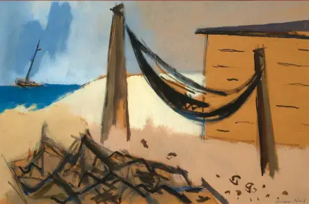  ??  ?? Herman Maril (1908-1986), Fisherman’s Shack. Casein on paper, 135⁄8 x 203⁄8 in. On view at Debra Force Fine Art.