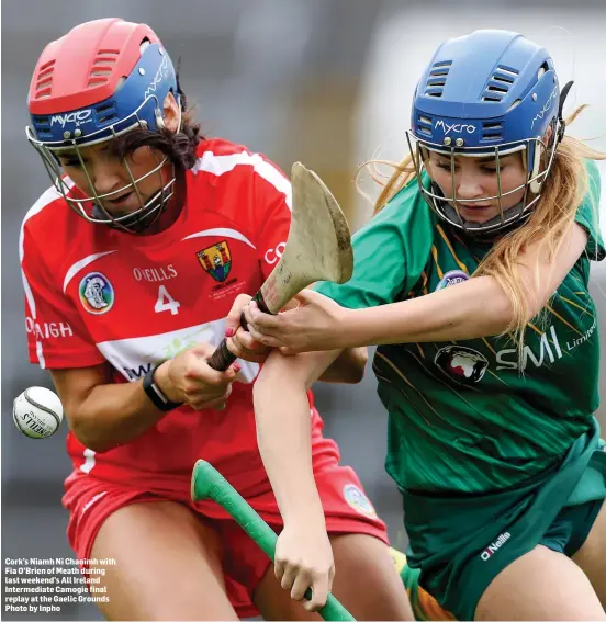  ??  ?? Cork’s Niamh Ni Chaoimh with Fia O’Brien of Meath during last weekend’s All Ireland Intermedia­te Camogie final replay at the Gaelic Grounds Photo by Inpho