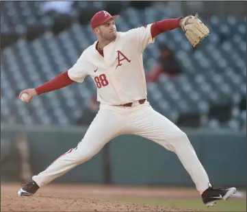  ?? (NWA Democrat-Gazette/Andy Shupe) ?? Arkansas junior reliever Zebulon Vermillion began the season by pitching 71/3 scoreless innings with 12 strikeouts and no walks. He appeared headed to a near-certain major-league draft selection in June, but changes in the draft could see many juniors putting their profession­al plans on hold for a year.