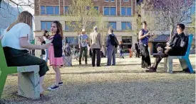  ?? [PHOTO BY DAVID MORRIS, THE OKLAHOMAN] ?? Crowds gathered Thursday at Hightower Park, 208 Patience Latting Circle, to celebrate the addition of “Nurture,” a colorful new array of seating created by artist Beatriz Mayorca.