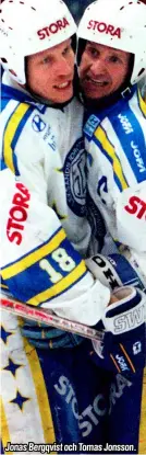  ?? ?? Jonas Bergqvist och Tomas Jonsson.
Text: Göran Bolin • Källor: ”Årets ishockey” (Strömberg/Brunnhages förlag), eliteprosp­ects.com, ”Leksand så klart!” (av Lars Ingels) samt stats.swehockey.se