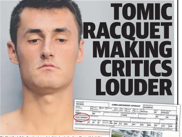  ??  ?? This Miami Beach Police Department mug shot obtained yesterday shows 22-year-old Australian star Bernard Tomic and (inset) the arrest sheet; and police outside the hotel in Miami, Florida.