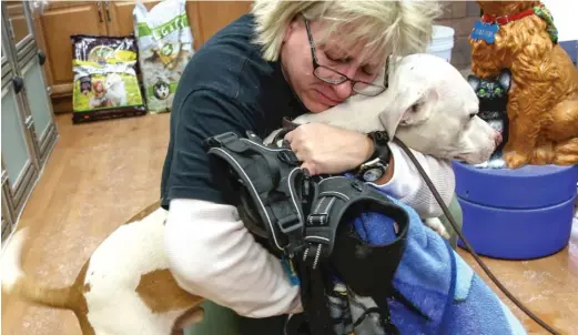  ?? BEV HORNE/DAILY HERALD ?? Sherie Gechas of Lisle reunites with her dog, Jackson, Monday at DuPage County Animal Services in Wheaton. Jackson was rescued from a fire Monday morning at D&amp;D Kennels near West Chicago.