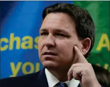  ?? REBECCA BLACKWELL, FILE — THE ASSOCIATED PRESS ?? Florida Gov. Ron Desantis listens to a question during a press conference Sept. 7, 2022, in Miami, Fla. Desantis is at the forefront of a movement seeking laws to stop schools from teaching about aspects of Black history and LGBTQ history.