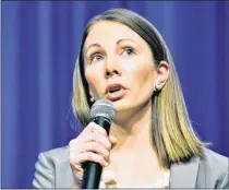  ?? HYOSUB SHIN / HSHIN@AJC.COM ?? State Rep. Stacey Evans hopes to become the first female governor of Georgia. During a recent national gathering of liberals in Atlanta, her speech was drowned out by supporters for rival Democrat Stacey Abrams.