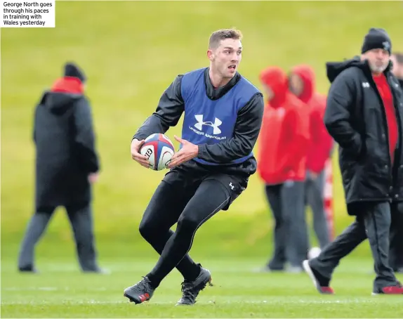  ??  ?? George North goes through his paces in training with Wales yesterday