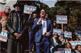  ?? Brontë Wittpenn/The Chronicle ?? San Francisco Supervisor Dean Preston addresses supporters Sunday on issues including tenant rights, public safety and affordable housing.