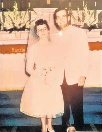  ?? DOLEZAL FAMILY 3⁄
4 1⁄
2 1⁄
2 3⁄
4 ?? Donna and Joe Dolezal are seen on their Sept. 1, 1962 wedding day at St. Henry’s Catholic Church in Medaryvill­e, with the bride’s gown described as ballerina length with white lace and nylon net.
6 medium potatoes, boiled in skins
6 slices of bacon
cup chopped onion
2 tablespoon­s flour
2 teaspoons sugar
1
teaspoon salt
teaspoon celery seeds
Dash of black pepper
cup water
cup vinegar
Directions:
1. Peel potatoes and slice thin.
2. Fry bacon slowly in skillet, then drain on paper, reserving bacon drippings.
3. Sauté onions in bacon drippings until golden. Gradually blend in flour, sugar, salt, celery seeds and pepper. Cook mixture over low heat until smooth and bubbly.
4. Remove mixture from heat and stir in water and vinegar. Return to heat, increasing flame and stir constantly until brought to a boil. Boil for 1 minute.
5. Carefully mix in prepared potatoes and crumbled bacon.
6. Remove from heat and cover, keeping warm until serving.