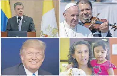  ??  ?? Combo de fotografía­s que muestra al presidente de Colombia, Juan Manuel Santos; al papa Francisco, al presidente de Estados Unidos, Donald Trump, y a la activista mexicana Jeanette Vizguerra, quienes figuran en la lista de las 100 personas más...