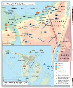  ??  ?? Top map: Israeli forces reach their objectives at three points on along the Suez Canal by 5 November and halt. Bottom
map: After first gaining air superiorit­y, Anglo-French air and seaborne landings are made at Port Said on 5-6 November (themaparch­ive.com)