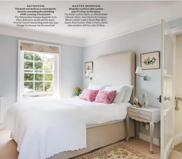  ??  ?? MASTER BEDROOM Bespoke cushions add a pretty pop of colour to the space. For similar cushion fabric, try Marida Baker Lifestyle, £65m, Jane Clayton & Company. Blinds custom-made in Roses Blue fabric, £90m, Kate Forman. Walls in Half La Seine elite emulsion, £66 for 2.5ltr, Zoffany