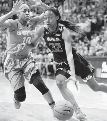  ?? CARLOS OSORIO/ASSOCIATED PRESS ?? Maryland’s Shatori Walker-Kimbrough drives past Michigan State’s Branndais Agee in the first half. Walker-Kimbrough scored 24 points for the Terps, who have had only two games decided by single digits in conference play this year.