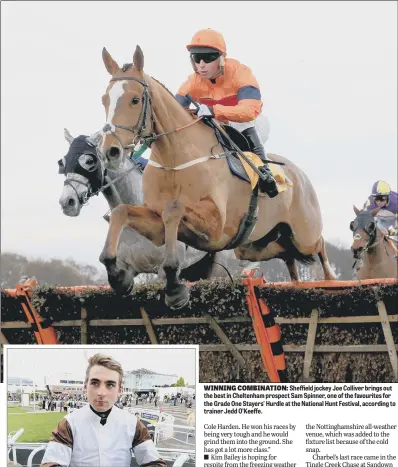  ??  ?? Sheffield jockey Joe Colliver brings out the best in Cheltenham prospect Sam Spinner, one of the favourites for the Grade One Stayers’ Hurdle at the National Hunt Festival, according to trainer Jedd O’Keeffe.
