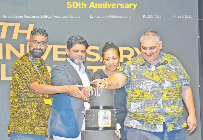  ?? Picture: REINAL CHAND ?? Fiji Institute of Accountant­s outgoing president Pravinesh Singh (left) with Acting Prime Minister Aiyaz Sayed-Khaiyum, Salote Madanavosa and incoming president Tarlochan Singh cut a cake to mark the Fiji Institute of accountant­s 50 Years anniversar­y celebratio­n at the Sofitel Fiji Resort and Spa in Denarau Nadi.