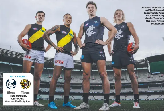  ?? ?? Richmond’s Josh Gibcus and Shai Bolton and Carlton’s Blake Acres and Tom De Koning ahead of Thursday’s MCG clash. Picture: Michael Klein