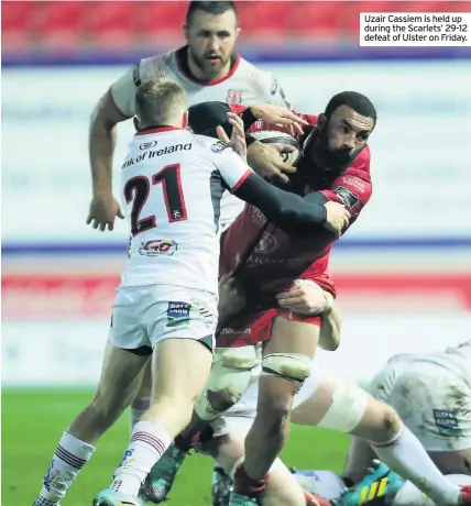  ??  ?? Uzair Cassiem is held up during the Scarlets’ 29-12 defeat of Ulster on Friday.