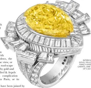  ??  ?? THE HALLEY NECKLACE (FAR LEFT) AND RING (LEFT) WITH INTERCHANG­EABLE MOTIFS IN WHITE GOLD, YELLOW GOLD, ONE PEAR-SHAPED FANCY VIVID YELLOW DIAMOND OF 11.29 CARATS, ONE PEAR-SHAPED DFL DIAMOND OF 3.26 CARATS, YELLOW AND WHITE DIAMONDS