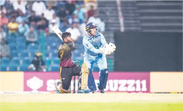  ?? ?? ↑ \Northern Warriors’ Usman Khan plays a shot during their match against Chennai Braves.