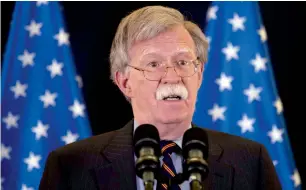  ?? AP ?? US National Security Adviser John Bolton addresses a news conference in Occupied Jerusalem on Wednesday. Bolton conducted high-level diplomatic meetings during his visit to Israel. —