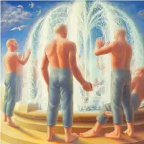  ??  ?? George Tooker (1920-2011), Fountain, 1950. Egg tempera on gesso panel. 24 x 24 in., signed. Courtesy of Michael Rosenfeld Gallery LLC, New York, NY.