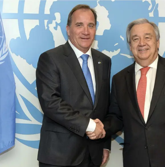  ??  ?? TOPPMÖTE. Statsminis­ter Stefan Löfven (S) och FN:S generalsek­reterare António Guterres under fredagens möte i Fn-skrapan.