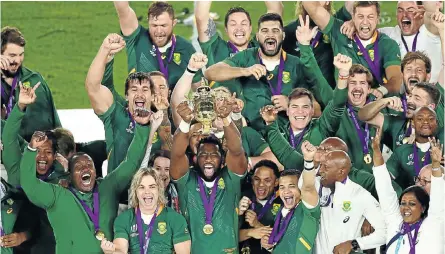  ?? Picture: Getty Images ?? The Springboks celebrate following their thunderous 32-12 win in the Rugby World Cup final in Yokohama last year. Almost all the familiar faces will be back in the Rugby Championsh­ip, if it gets played.