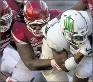  ??  ?? NWA Democrat-Gazette/BEN GOFF Arkansas’ Armon Watts has seven sacks this season, which is tied for second in the nation for sacks by a defensive tackle, behind Ohio State’s Dre’Mont Jones (7.5).