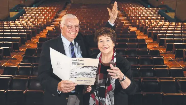  ??  ?? John O’Donnell with his wife, Jan, in the old Cairns Civic Theatre where he presided over 60-plus shows. Picture: Brendan Radke