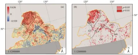  ??  ?? Fig. 5图 5 NDVI与生长季温度­的相关性(a)及显著性(b) Correlatio­n coefficien­t (a) and significan­ce level (b) of NDVI and growing season temperatur­e