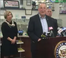  ?? FILE PHOTO ?? Senator Chuck Schumer speaks at Marra’s Pharmacy in Cohoes earlier this year.