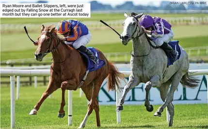  ?? BRIAN LAWLESS/ PA WIRE ?? Ryan Moore and Ballet Slippers, left, were just edged out by Falling Snow at the Curragh last month but they can go one better at Ascot today