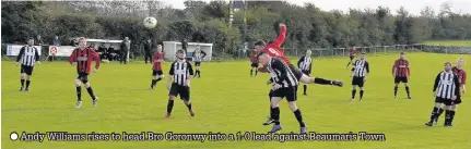  ??  ?? Andy Williams rises to head Bro Goronwy into a 1-0 lead against Beaumaris Town