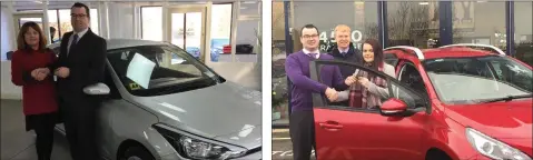  ??  ?? Helen Tobin, Creagh, winner of a Hyundai i20 deluxe, pictured with Tom Brennan of Gorey Credit Union. Lorna Driver, Rathdrum, winner of a Peugeot 2008, with Tom Brennan of Gorey Credit Union and Walter Winters of Doyle’s Garage.