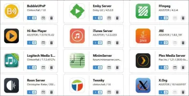  ??  ?? Die drei getesteten Nas-server bieten die Möglichkei­t, ihre Ausstattun­g mit Apps zu erweitern. Die Abbildung zeigt auf dem AS5202T von Asustor installier­te Multimedia-apps, wie zum Beispiel die Upnp-server Bubble-upnp, Minim und Twonky. Darüber hinaus gibt es einen itunes-server, Plex und den Roon Core.