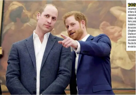  ??  ?? 2018
Les princes William et Harry. Depuis la naissance des « royal babies » de William, Harry, jusque-là troisième dans l’ordre de succession au trône d’Angleterre (après Charles et William), a été rétrogradé à la sixième position. Peu de chance qu’il...