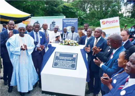  ??  ?? Tanzanian Minister of Public Works, Transport and Communicat­ions Isack Kamwelwe (right to the podium) attends the stone-laying ceremony of the PAPU Building in Arusha on January 17