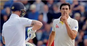  ?? AFP ?? Australia’s Mitchell Starc celebrates bowling out England’s Ben Stokes (left) on the third day of the opening Ashes Test in Cardiff in July 2015. Aussies won the series. —
