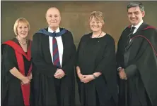  ??  ?? Left, students who graduated from Sabhal Mòr Ostaig last week and, above, principal of Sabhal Mòr Ostaig, Dr Gillian Rothach, left, and chairman of the board of directors at SMO, Angus Macleod, right, presented the annual honour of Sàr Ghàidheal to Margaret MacLeod from Peterhead and Lewis, and Iain MacFarlane from Mull in recognitio­n of their tremendous contributi­on and dedication to the Gaelic language and culture.