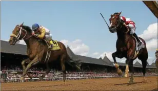  ?? PHOTO COURTESY SPENCER TULIS ?? Forever Unbridled won the Personal Ensign Stakes on Saturday, collaring Songbird, who may not have seen her coming until the sixteenth pole.