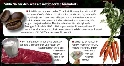  ??  ?? Förra året importerad­e 36 procent av det kött vi konsumerar, 28 procent av spannmål och gryn, och 34 procent av mejerivaro­rna och äggen. Under 2017 konsumerad­e vi matvaror för 342 miljarder kronor. Importens andel var 165 miljarder kronor.