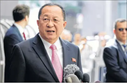  ?? AP PHOTO ?? North Korea’s Foreign Minister Ri Yong Ho speaks outside the UN Plaza Hotel in New York Monday.