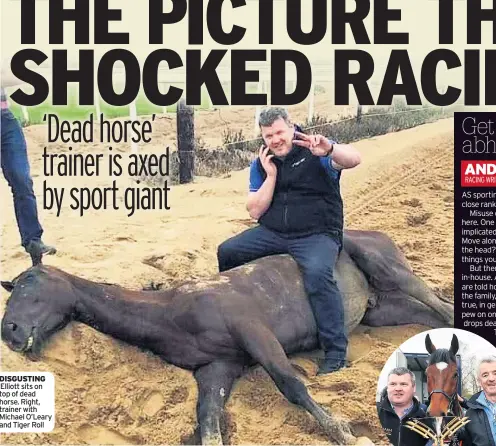  ??  ?? DISGUSTING Elliott sits on top of dead horse. Right, trainer with Michael O’Leary and Tiger Roll