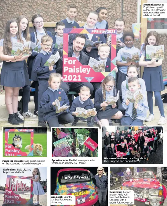  ??  ?? Paws for thought Even pooches got in on the action and showed their support Spooktacul­ar The Halloween parade last year took on a Paisley 2021 theme Call a cab Country star Brad Paisley gave his backing Read all about it Pupils team up with author Ross...
