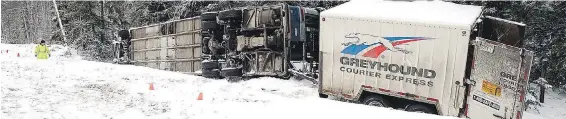  ??  ?? Police investigat­e Thursday’s Greyhound bus crash south of Prince George. Three of nine people onboard suffered serious injuries, police say.