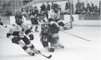  ?? [ALI WILSON / THE OBSERVER] ?? Ethan Wiseman gets taken down during an attack on Listowel’s net Sunday afternoon, drawing no call, however.