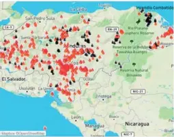  ?? ?? MAPA. El 79% de incendios forestales son ocasionado­s por incendiari­os. Así se ve el mapa satelital sobre los siniestros activos en el país.
