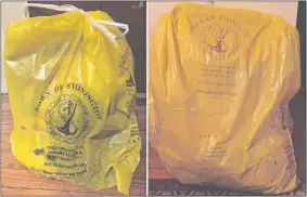  ?? DAVID COLLINS AND JOE WOJTAS/THE DAY ?? This composite shows an earlier style of Town of Stonington trash bag, left, and a newer bag, right. Residents have been complainin­g about the newer bags.