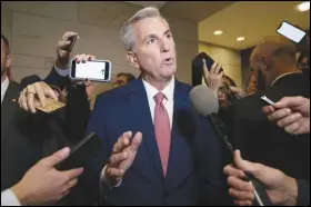  ?? ASSOCIATED PRESS ?? House Minority Leader Kevin McCarthy, of Bakersfiel­d, talks to reporters, Tuesday, on Capitol Hill in Washington. McCarthy is in line to become the House speaker, with Republican­s winning a House majority.